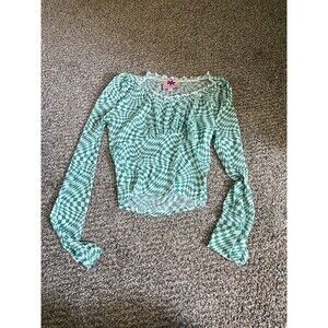 Lisa Says Gah Women's Green White Checkered Mesh Blouse - Small